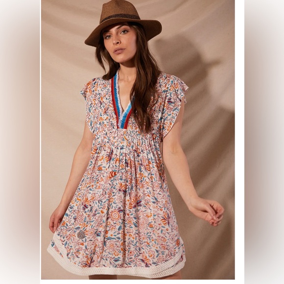 POUPETTE ST BARTH - VIBRANT FRINGE COLLAR DRESS. SIZE SMALL - Picture 4 of 5